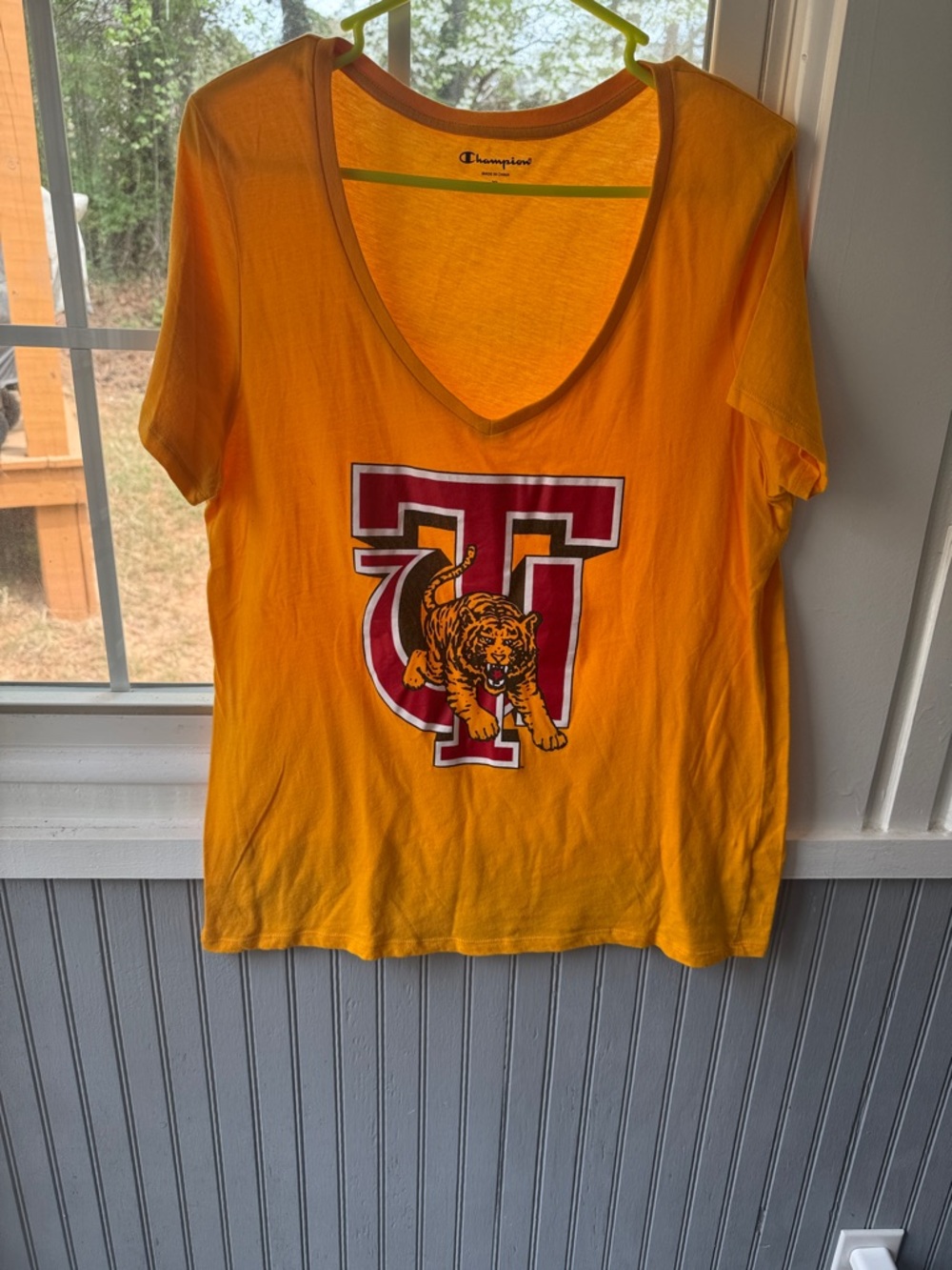 Champion Gold V-Neck Tee with Maroon Tiger Emblem